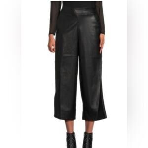 NEW DKNY BLACK FAUX LEATHER HIGH RISE WIDE LEG CROP DRESS PANTS SZ 4